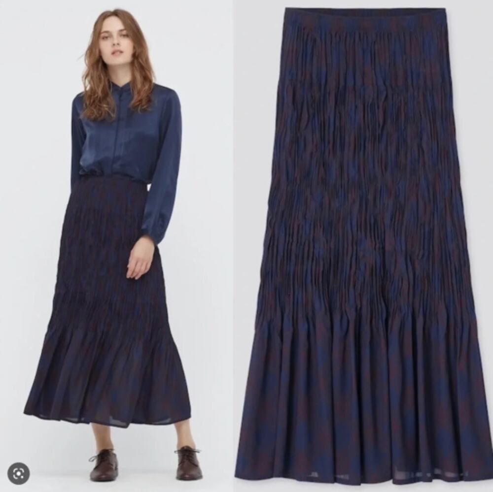 INES de la FRESSANGE x Uniqlo | Navy Blue Plaid chiffon Twist Pleated Maxi Skirt